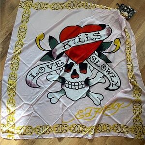 Ed Hardy Pink and Yellow Scarf with Skull and Chain Link Design